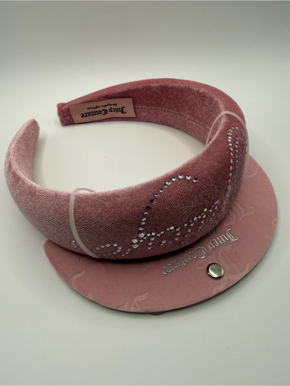 Juicy Couture Rose Pink Velvet Headband with Crystal Heart Accents